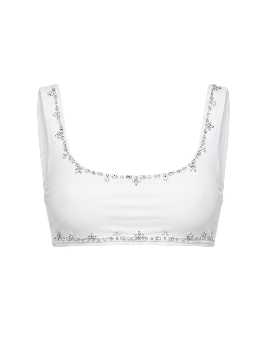 Aaliyah Hand Beaded Crystals Bikini Top White