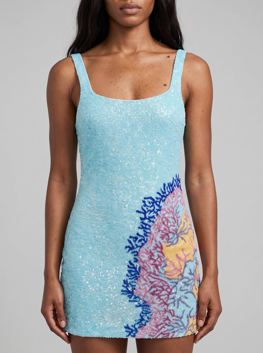 Adeline Coral Hand Beaded Blue Mini Dress