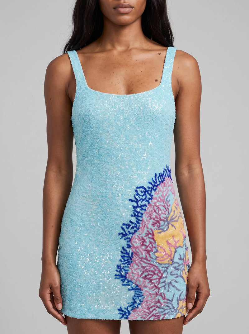 Adeline Coral Hand Beaded Blue Mini Dress