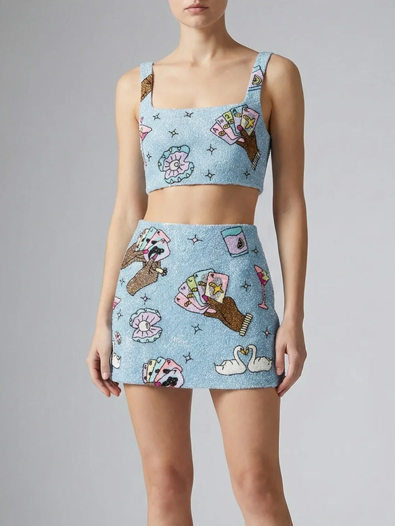 Vegas Beaded Mini Blue Party Beach Co-ord Skirt