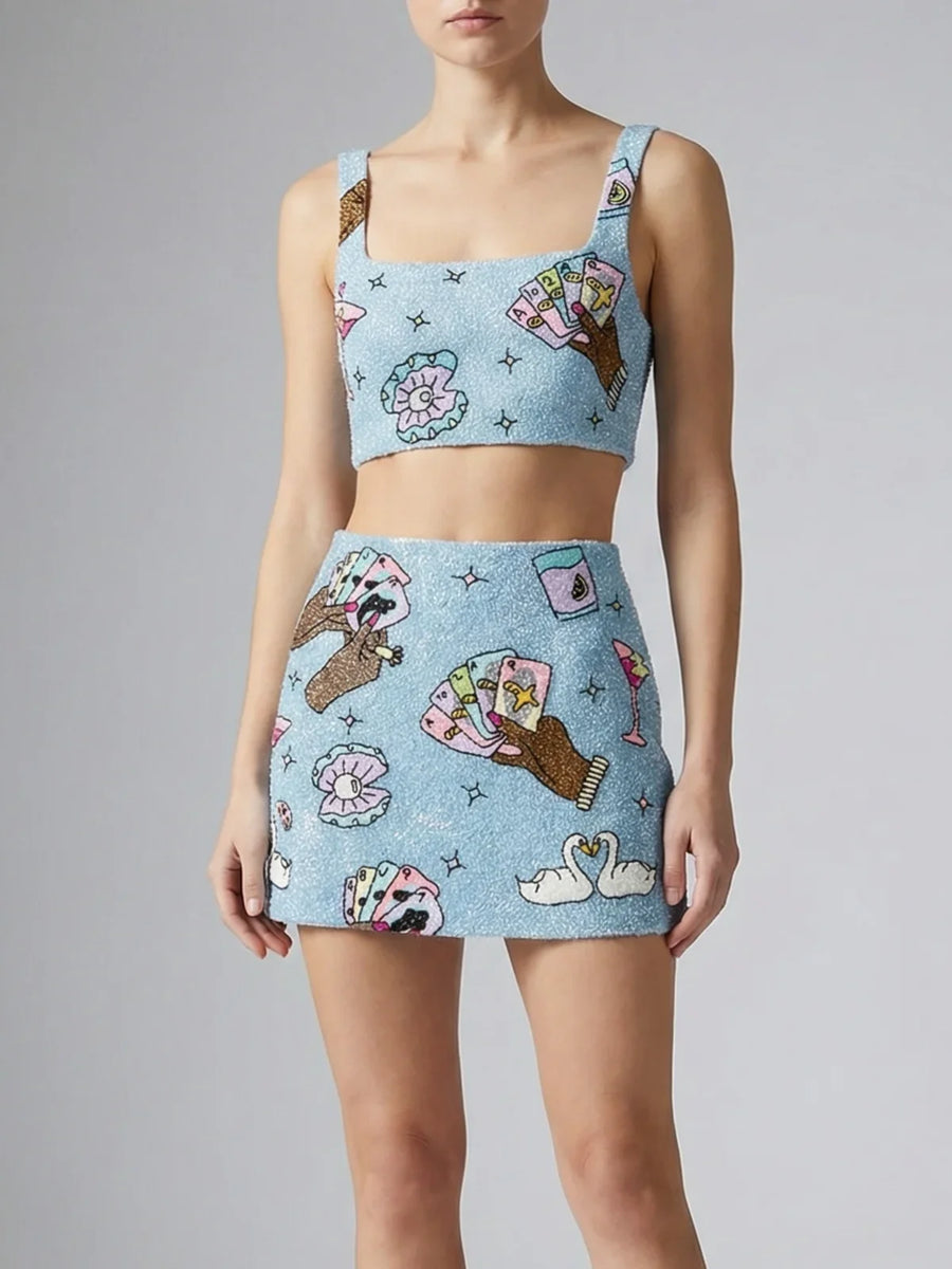 Vegas Beaded Mini Blue Party Beach Co-ord Skirt