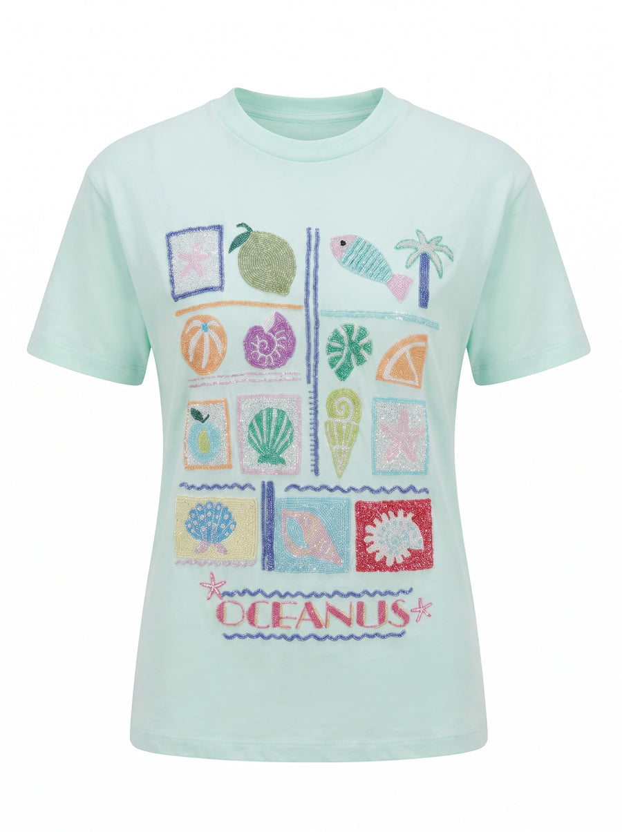 Green Mint Plage Tee Beaded T-shirt
