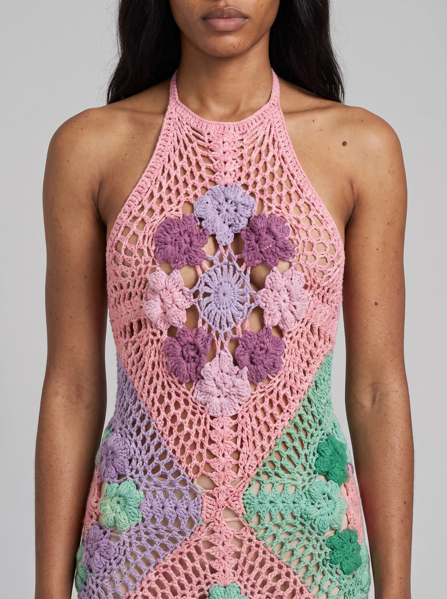 Rowan Halter Maxi Crochet Pink Dress