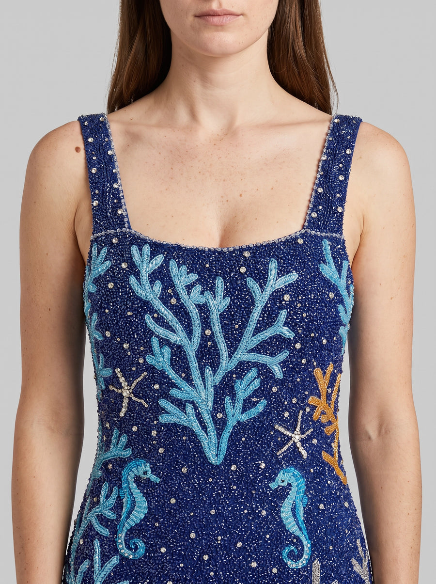 Navy Coral Muse Hand Beaded Mini Dress
