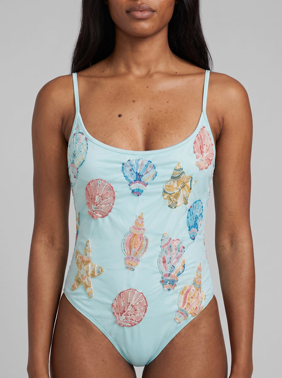 Shell and Starfish Sky Blue Hand-Beaded Swimsuit