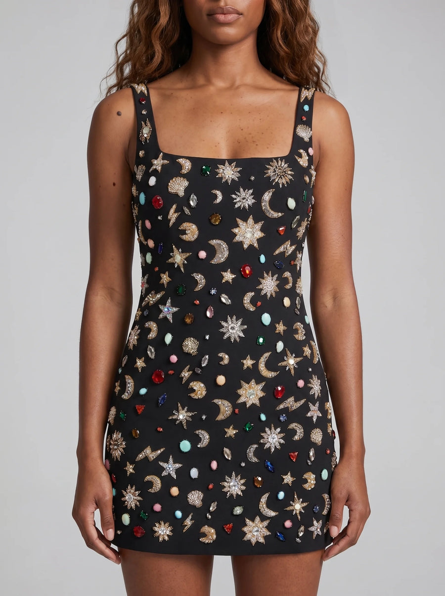 Celestial Tide Black Mini Dress