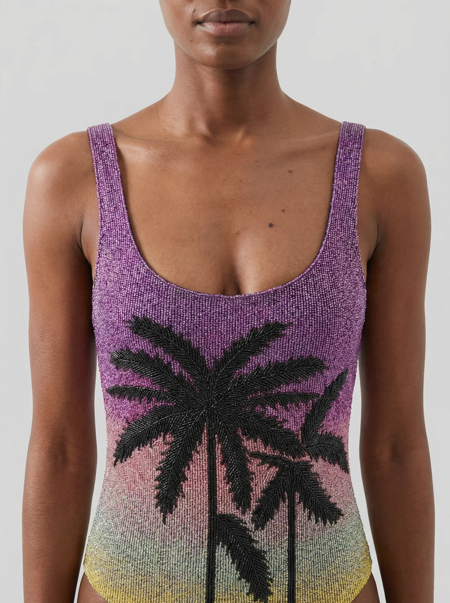 Palm Dusk Scoop Swimsuit Black Palm Tree - Purple Ombre in Stock