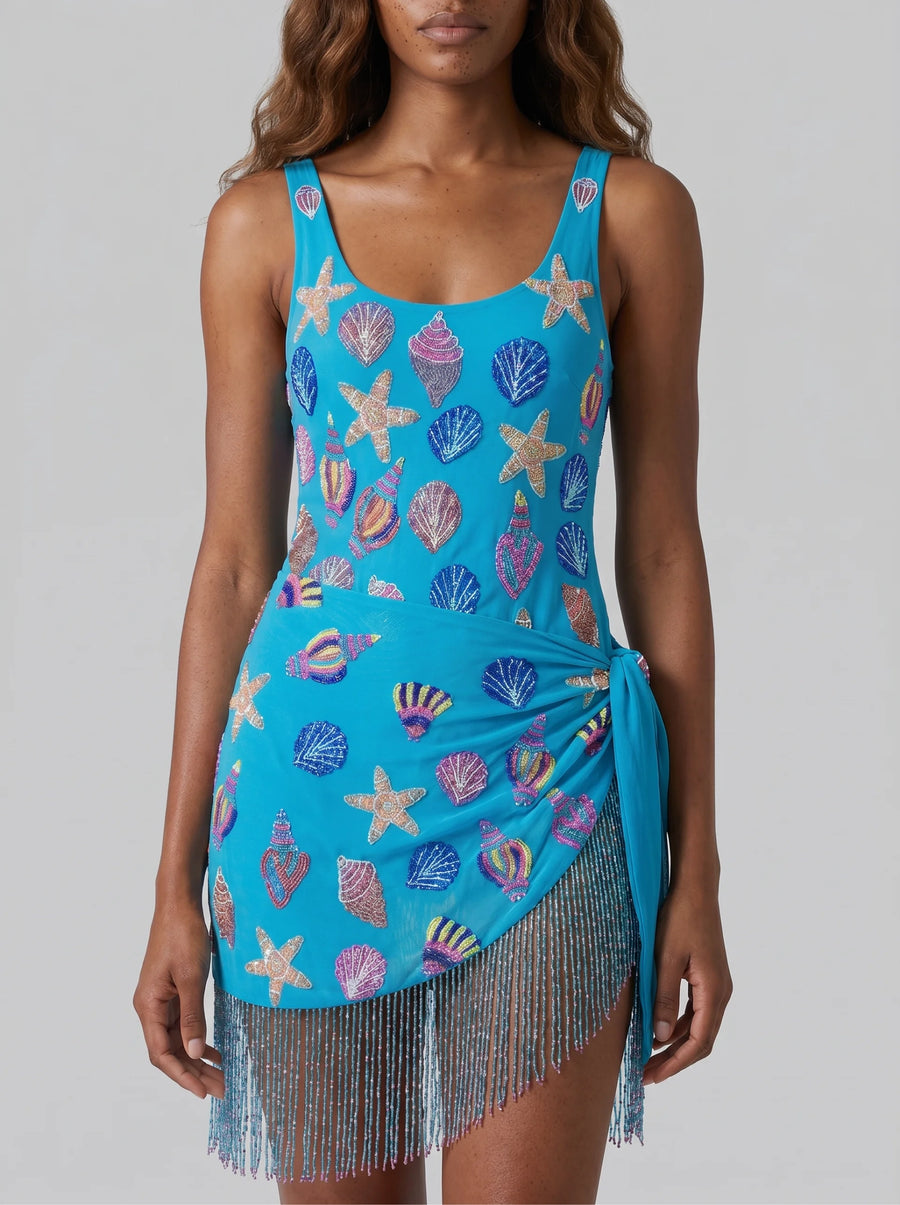 Oceanic Blue Tasseled Mini Dress