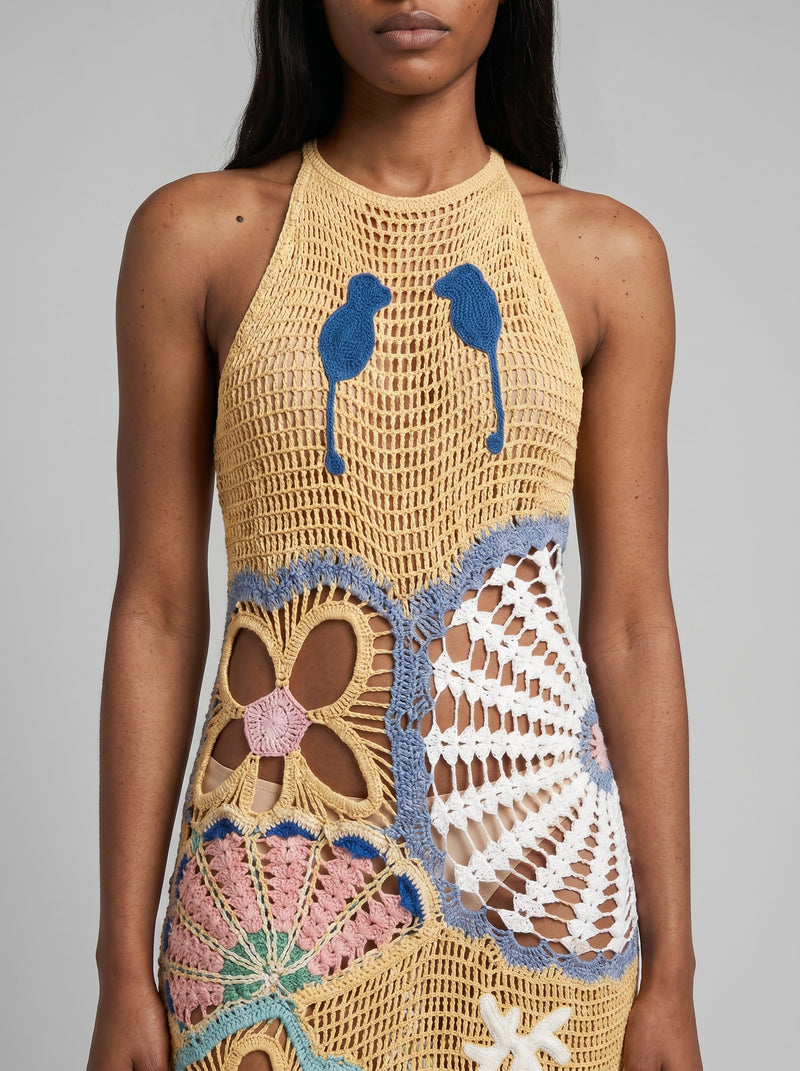 Pearl Halter Crochet Maxi Dress Multi Coloured