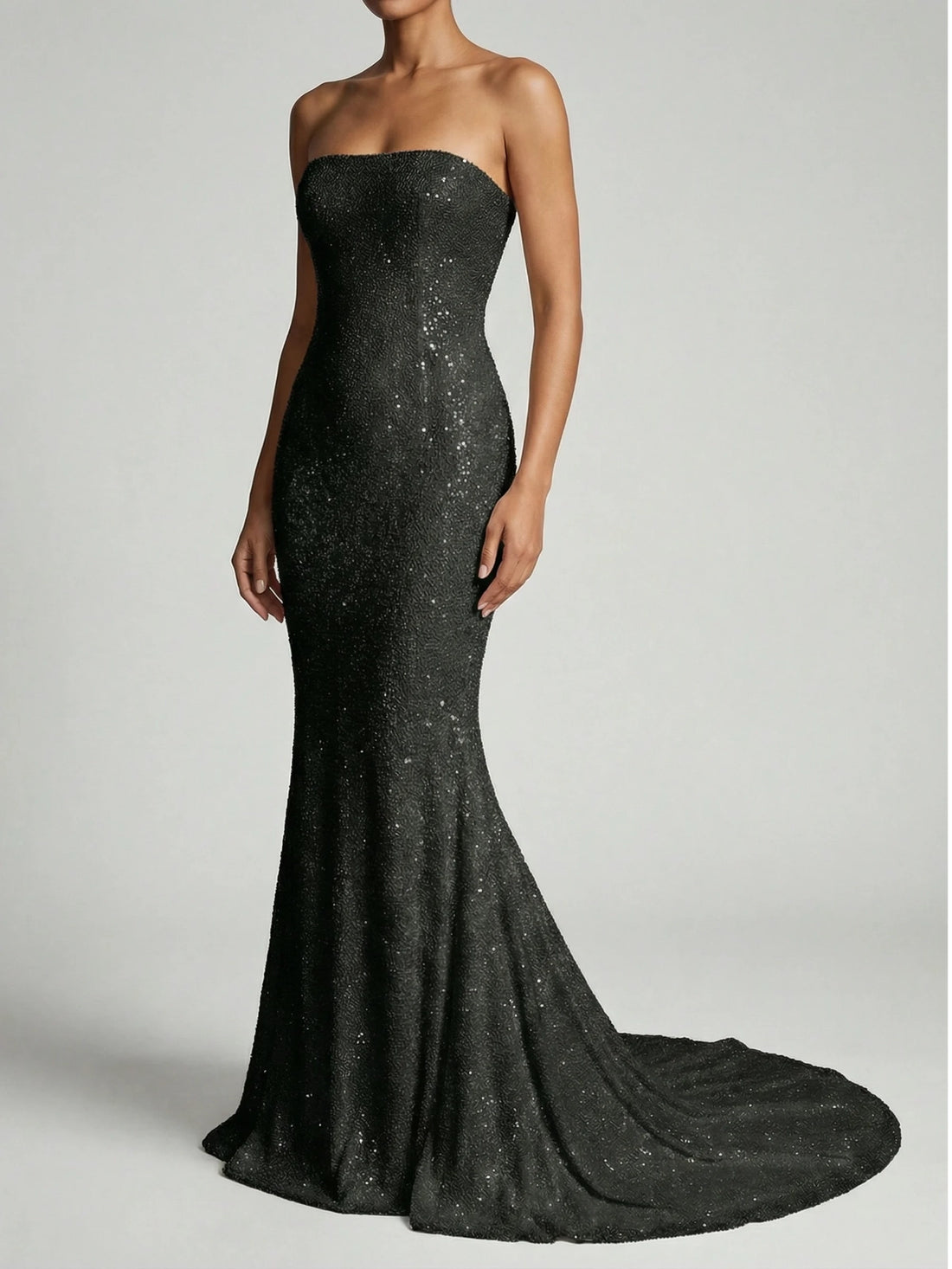 Serenity Strapless Gown Beaded Long Dress - Black