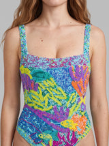 Deep Coral Pink Swimsuit Blue