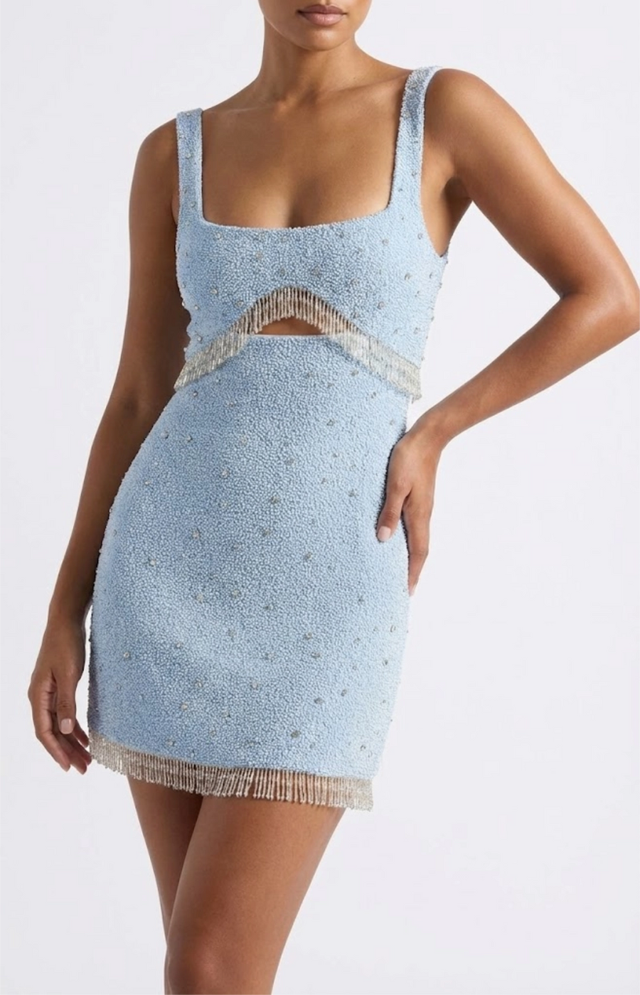 Posy Beaded Tasseled Mini Dress in Blue