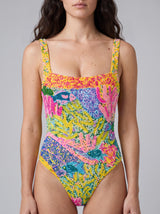Deep Coral Pink Swimsuit Yellow
