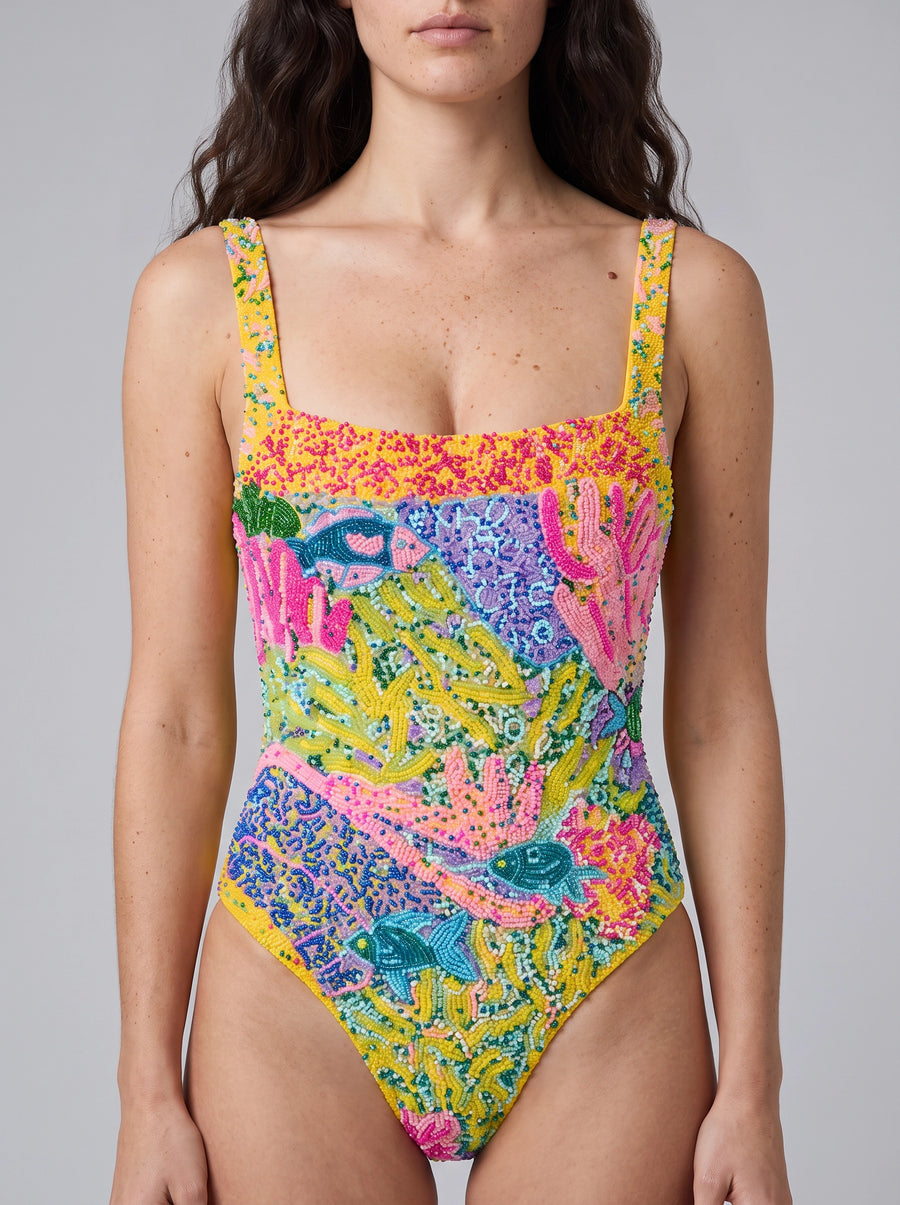 Deep Coral Pink Swimsuit Yellow
