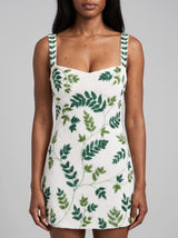 Green Leaf Hand Beaded Mini Dress White