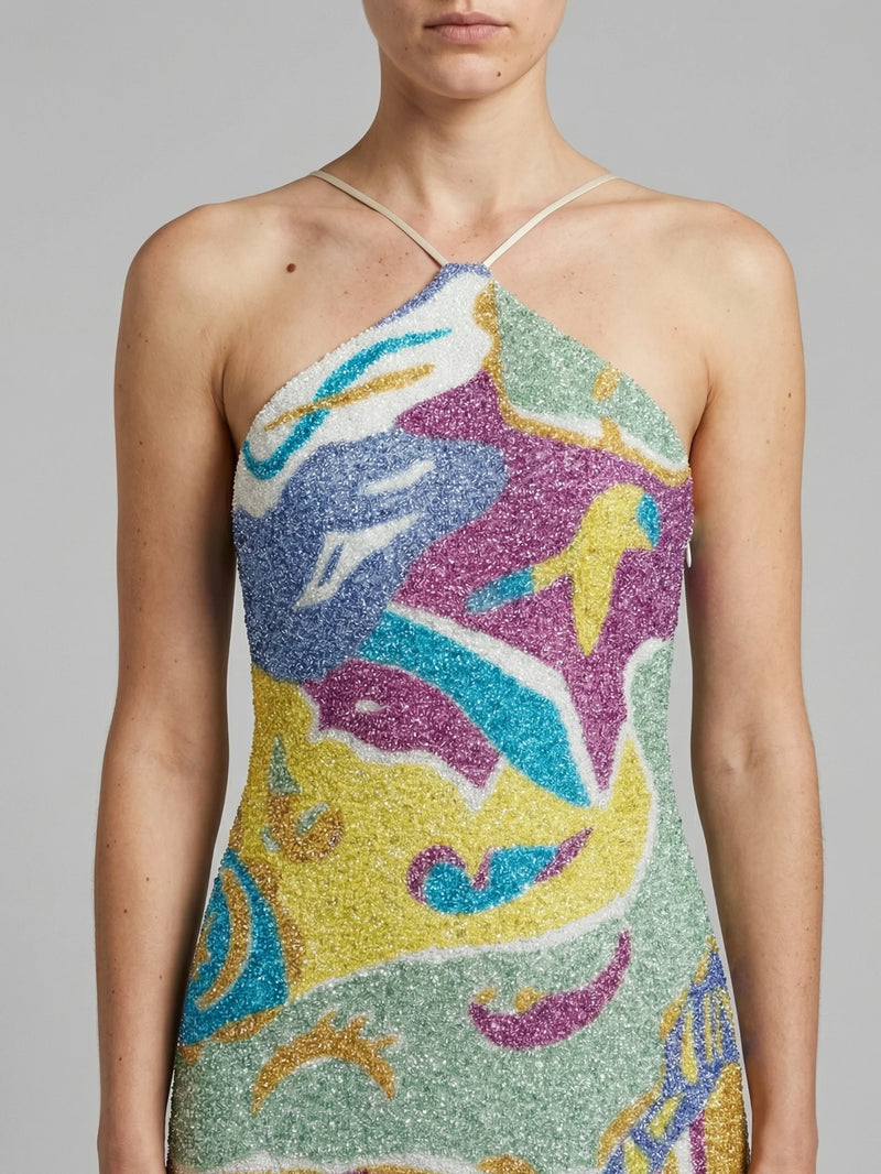 Paradise Mosaic Halterneck Multicolor Beaded Mini Dress