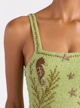 Coastal Hand Beaded Embroidery Mini Dress Green