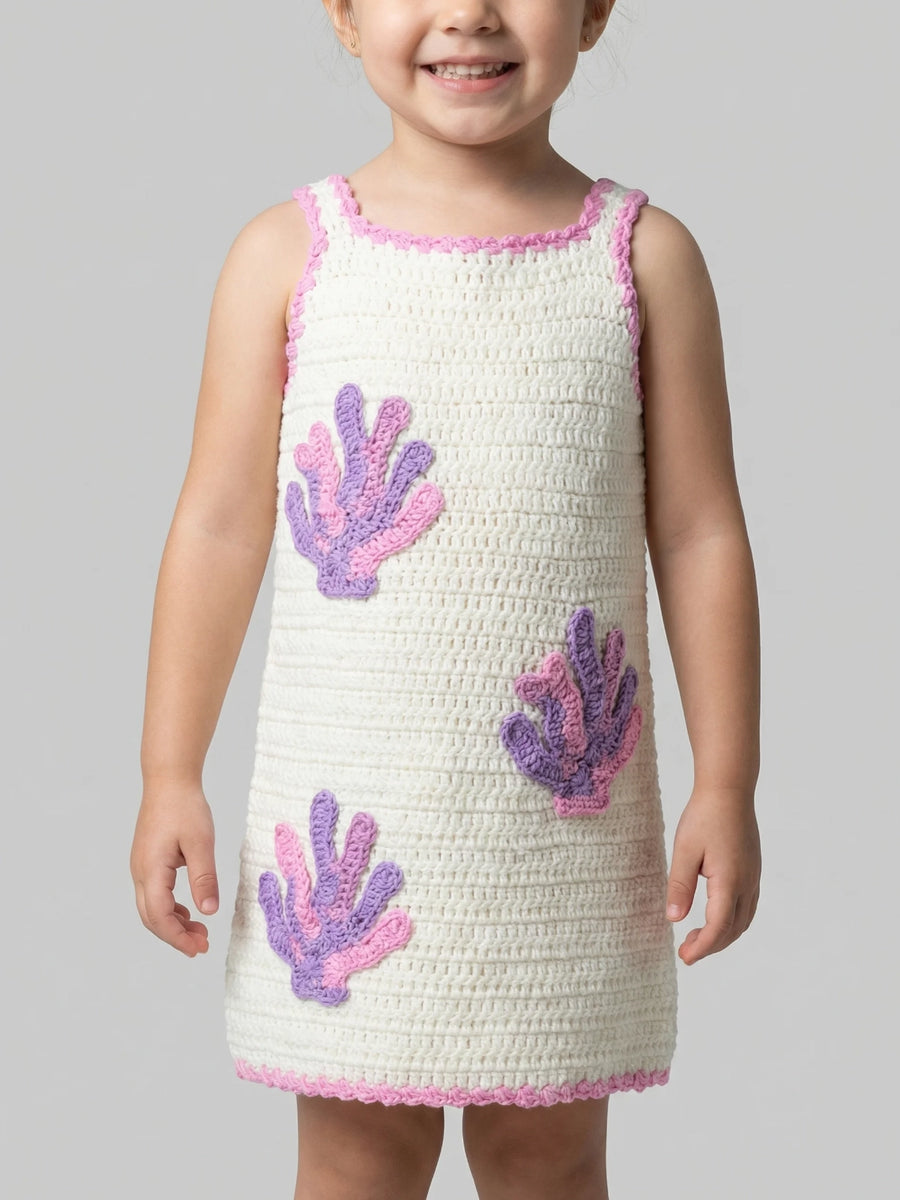 Coral White Crochet Kids Dress, 5-6 years / White