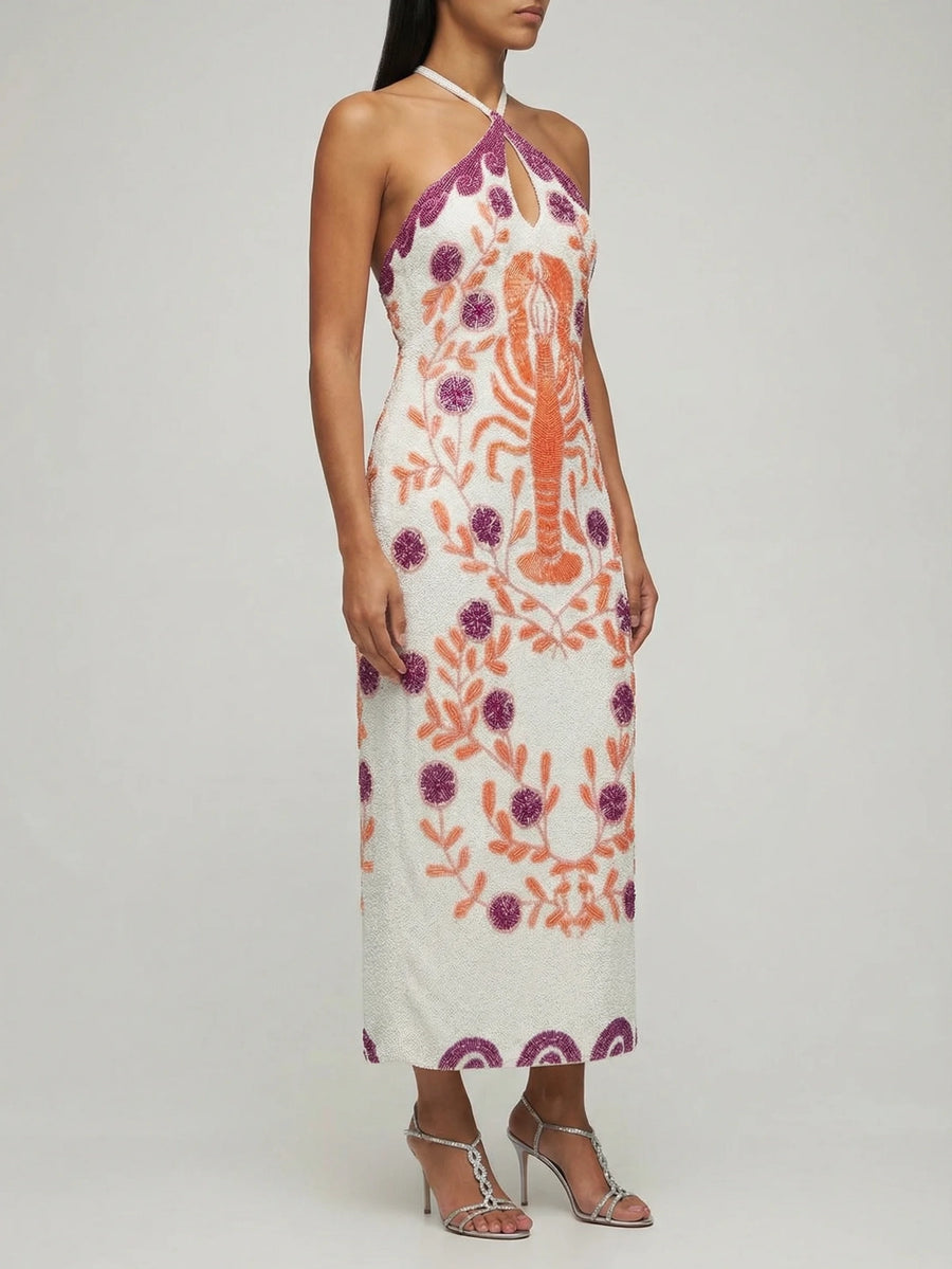 Lobster White Hand Beaded Maxi Dress