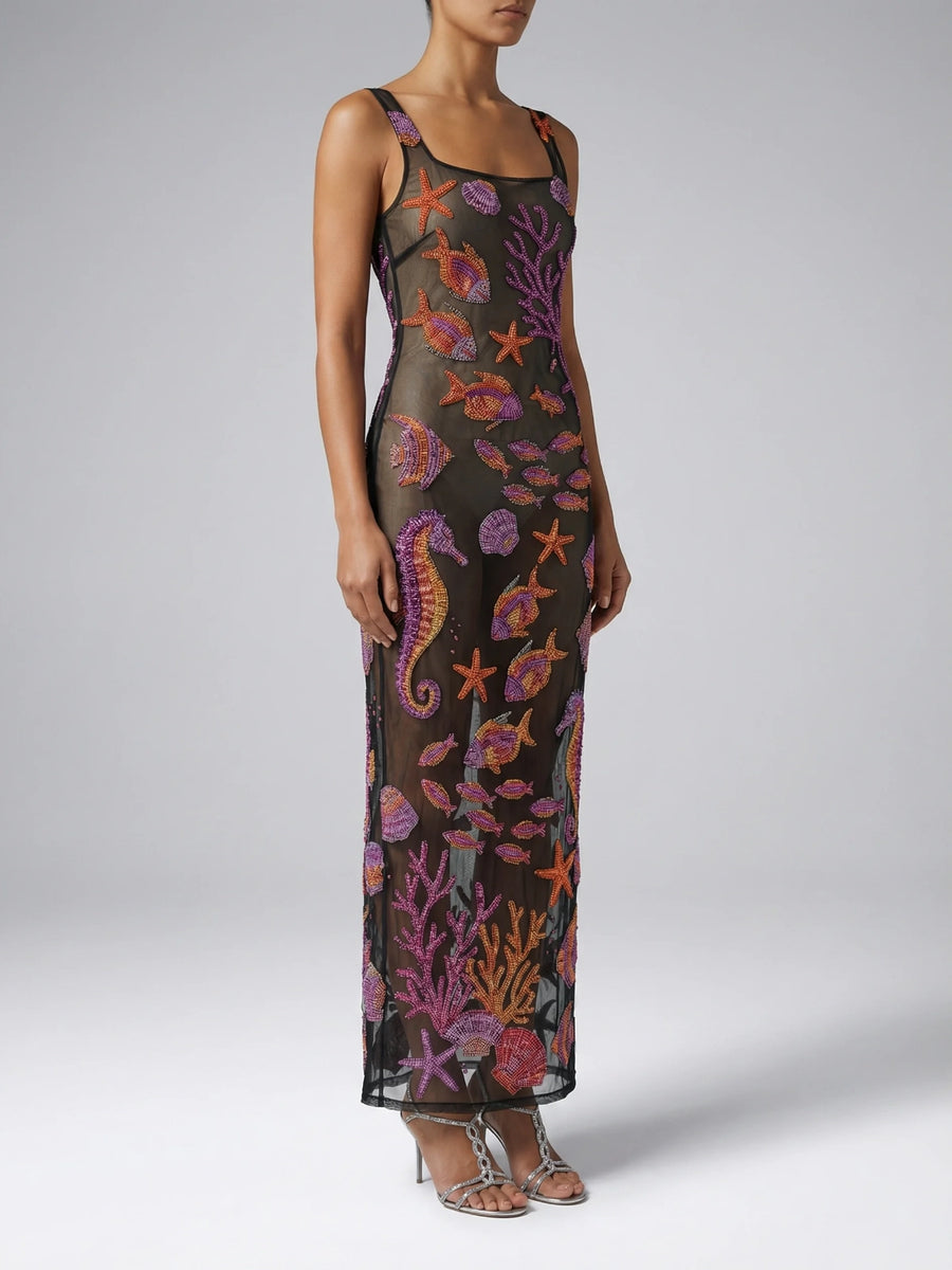 Coraline Red Black Long sheer Dress