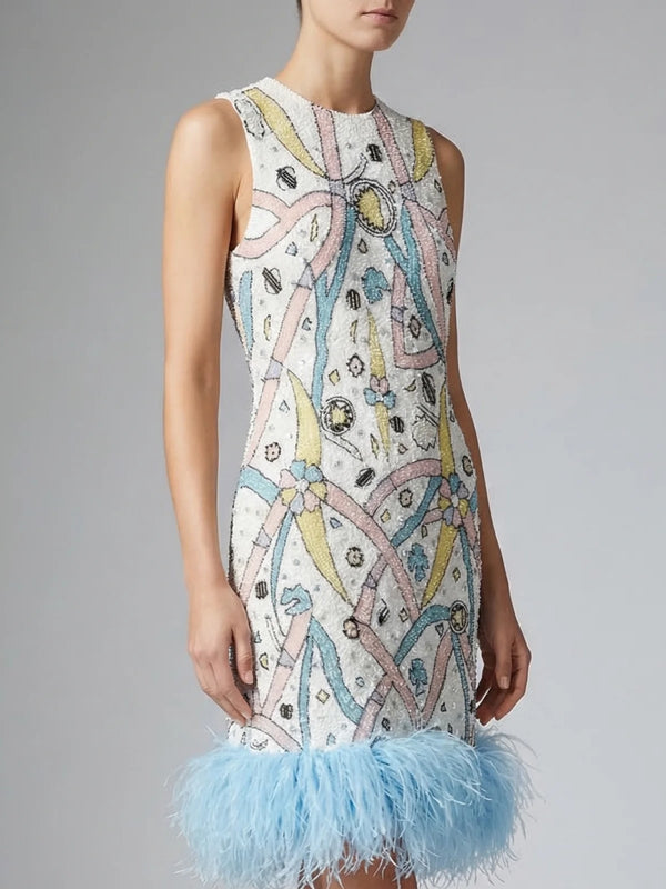 Feathered White Sequin Mini Dress