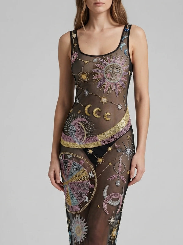 Black Starlit Cosmos Sheer Maxi Dress in Stock