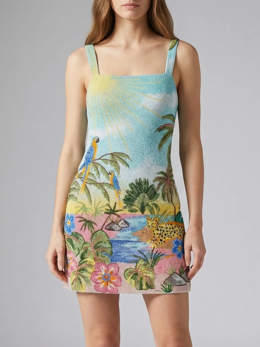 Sunshine Peacock Blue Beaded Mini Dress