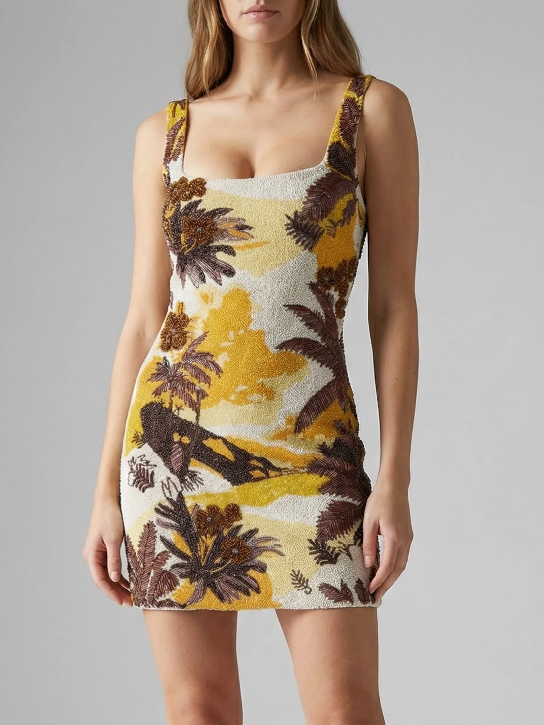 Golden Sunset Beaded Mini Dress