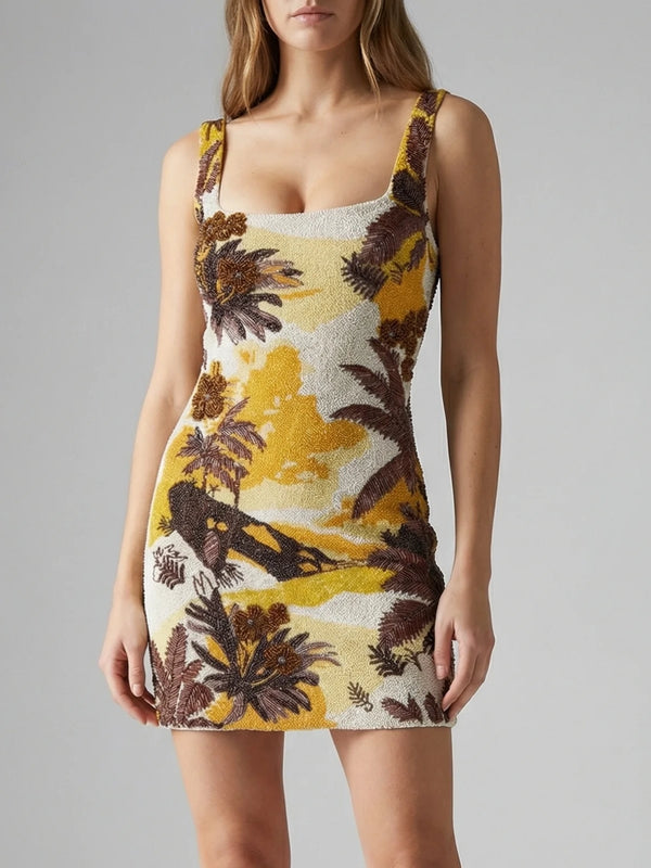 Golden Sunset Beaded Mini Dress