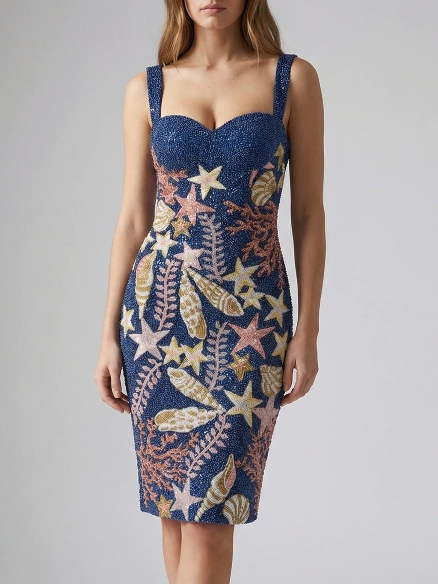 starfish dress Mew Mews Tosca Bustier Split Maxi embroidered starfish detail Brown Starfish Knit Mini Dress