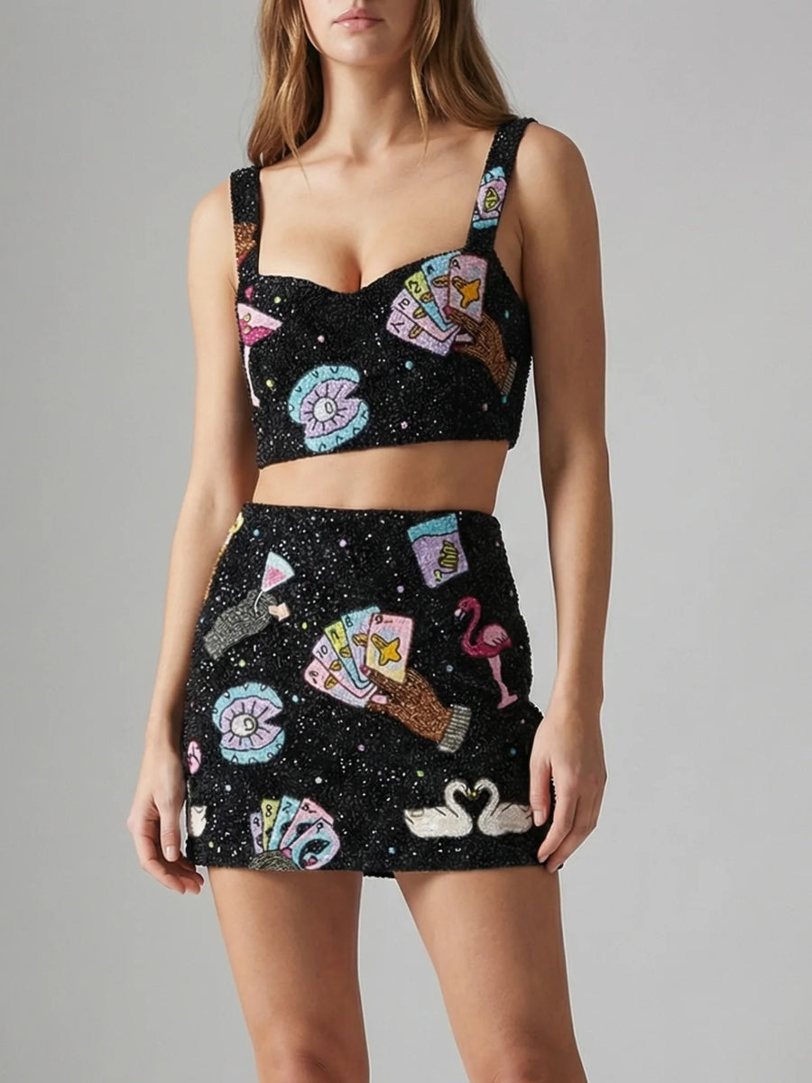 Vegas Beaded Mini Black Party Beach Co-ord Skirt