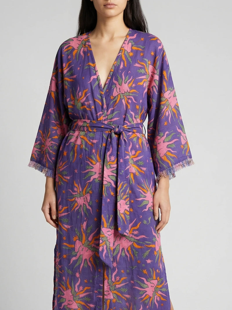 Kimono Blue Purple Face Flower