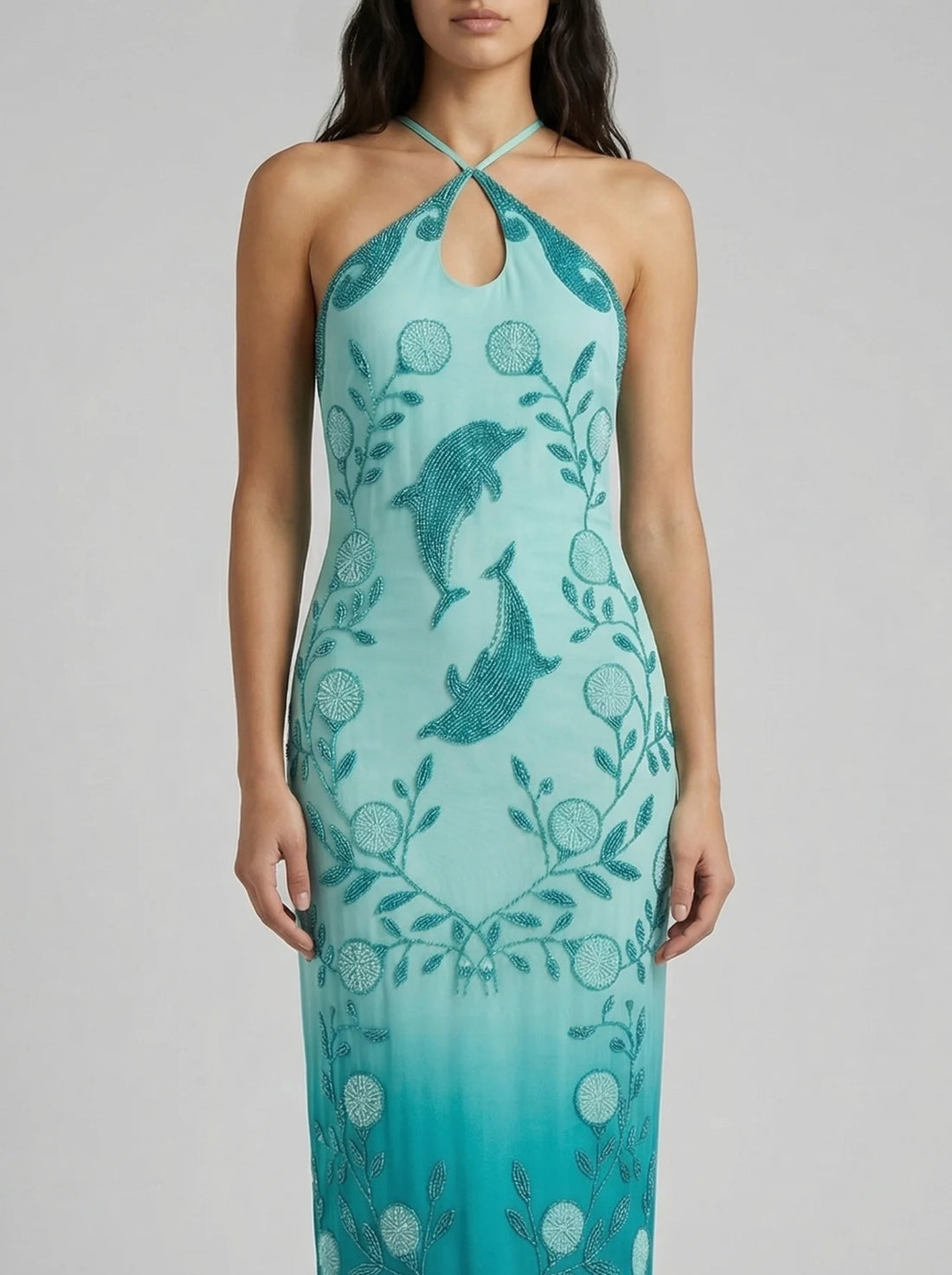 Dolphin Teal Hand Beaded Maxi Dress