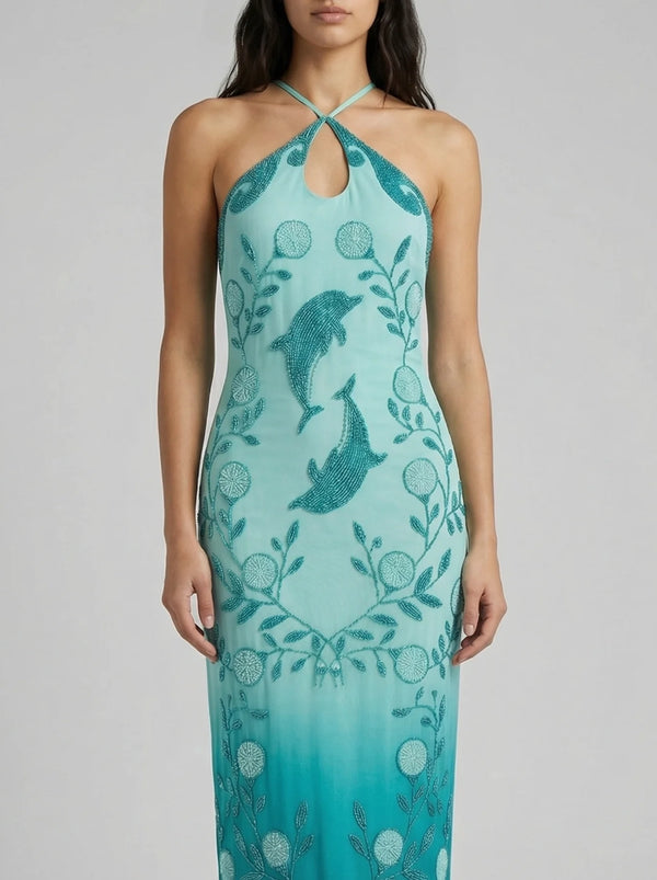 Dolphin Teal Hand Beaded Maxi Dress