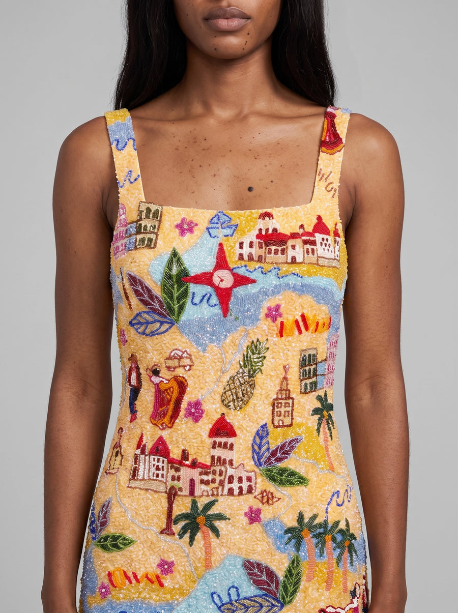 Havana Yellow Beaded Mini Dress