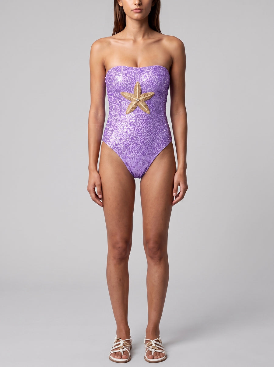 Purple Yellow Starfish Hand-Embroidered Sequin Strapless Swimsuit