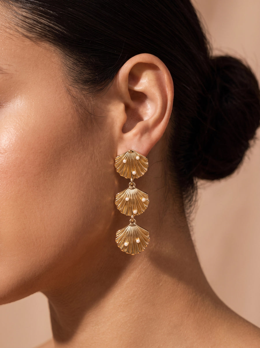 Triple Shell Gold with Pearl Earrings