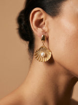 Gold Seashell with White Pearl Earrings