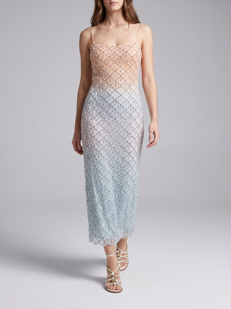 Calliope Luxury Hand Embroidered Crystal Pink Blue Ombre Maxi Party Dress