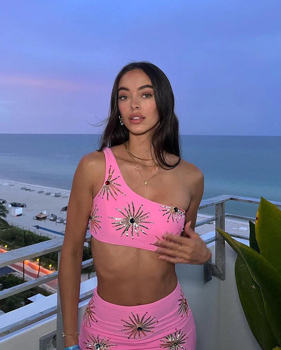 Women wearing Callie Co-ord One Shoulder Top in Pink in terrace