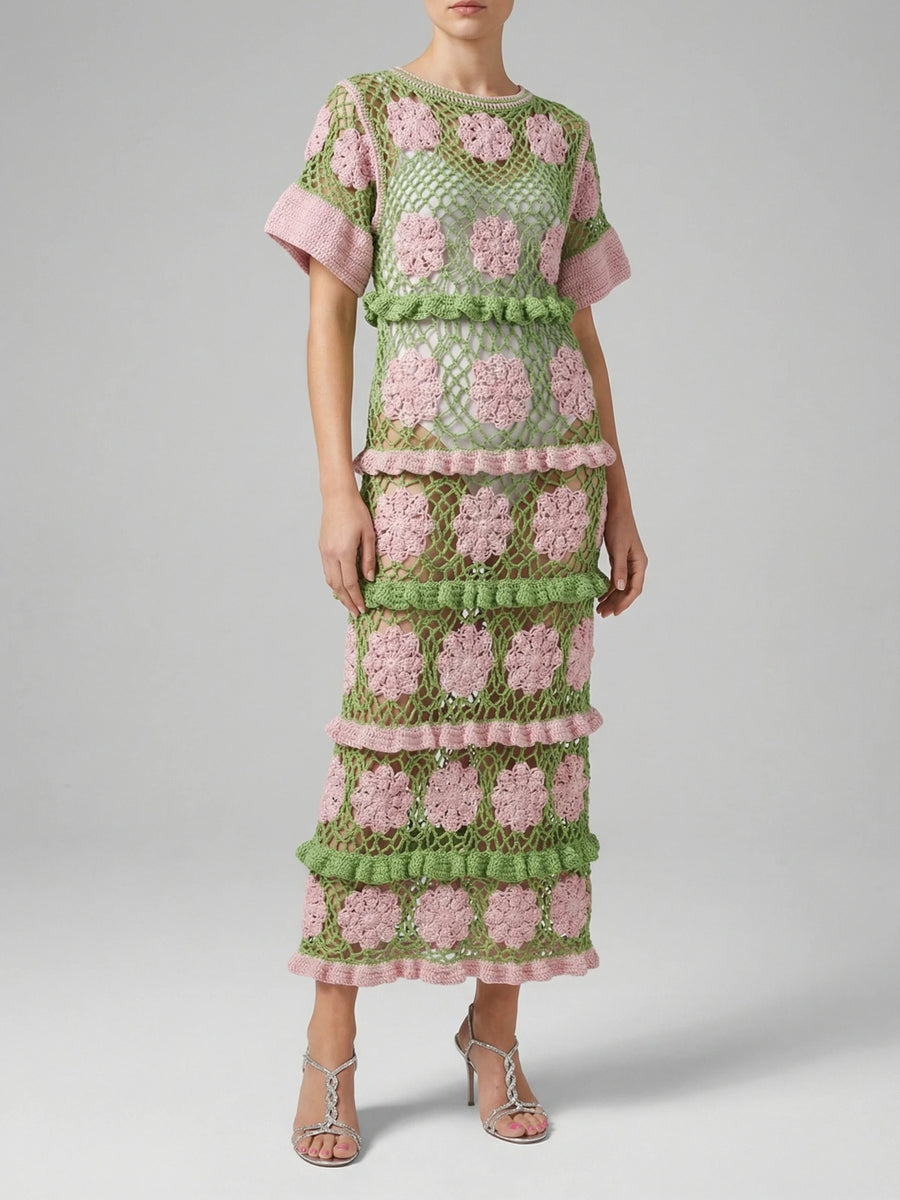 Shop Elle Crochet Green/Pink Dress - Oceanus Shop Elle Crochet Green/Pink Dress - Oceanus