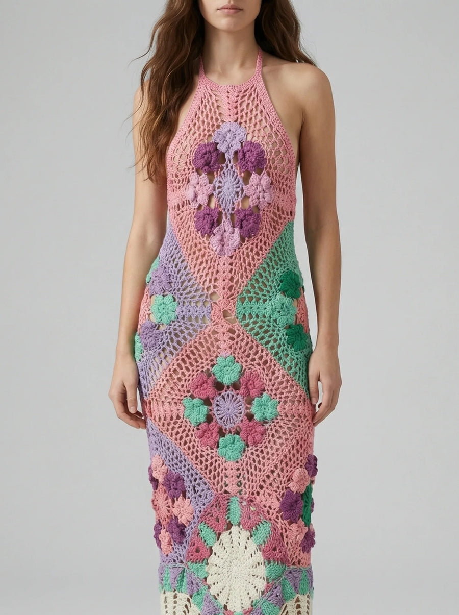 Rowan Halter Maxi Crochet Pink Dress