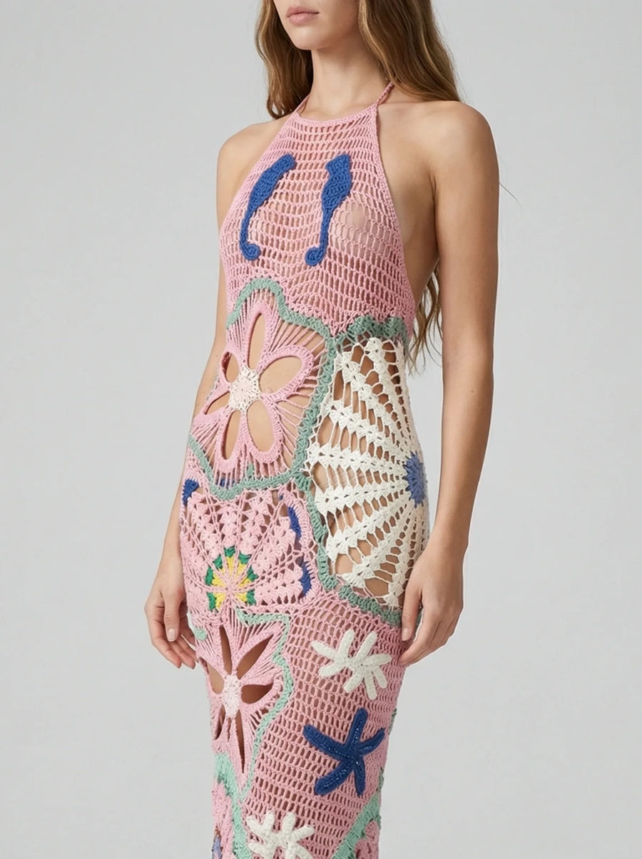 Pearl Halter Crochet Maxi Dress Multi Coloured