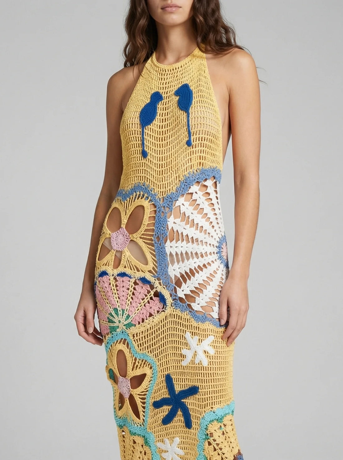Pearl Halter Crochet Maxi Dress Multi Coloured