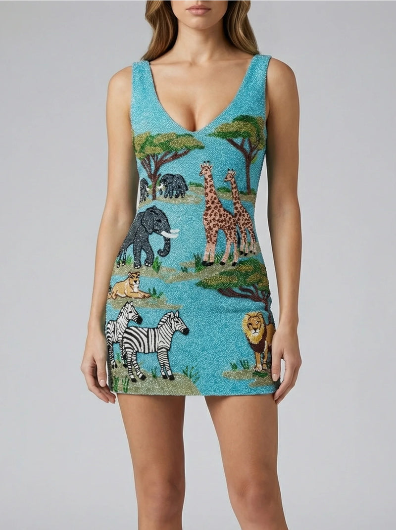 Aqua Savannah Safari Embellished Dress