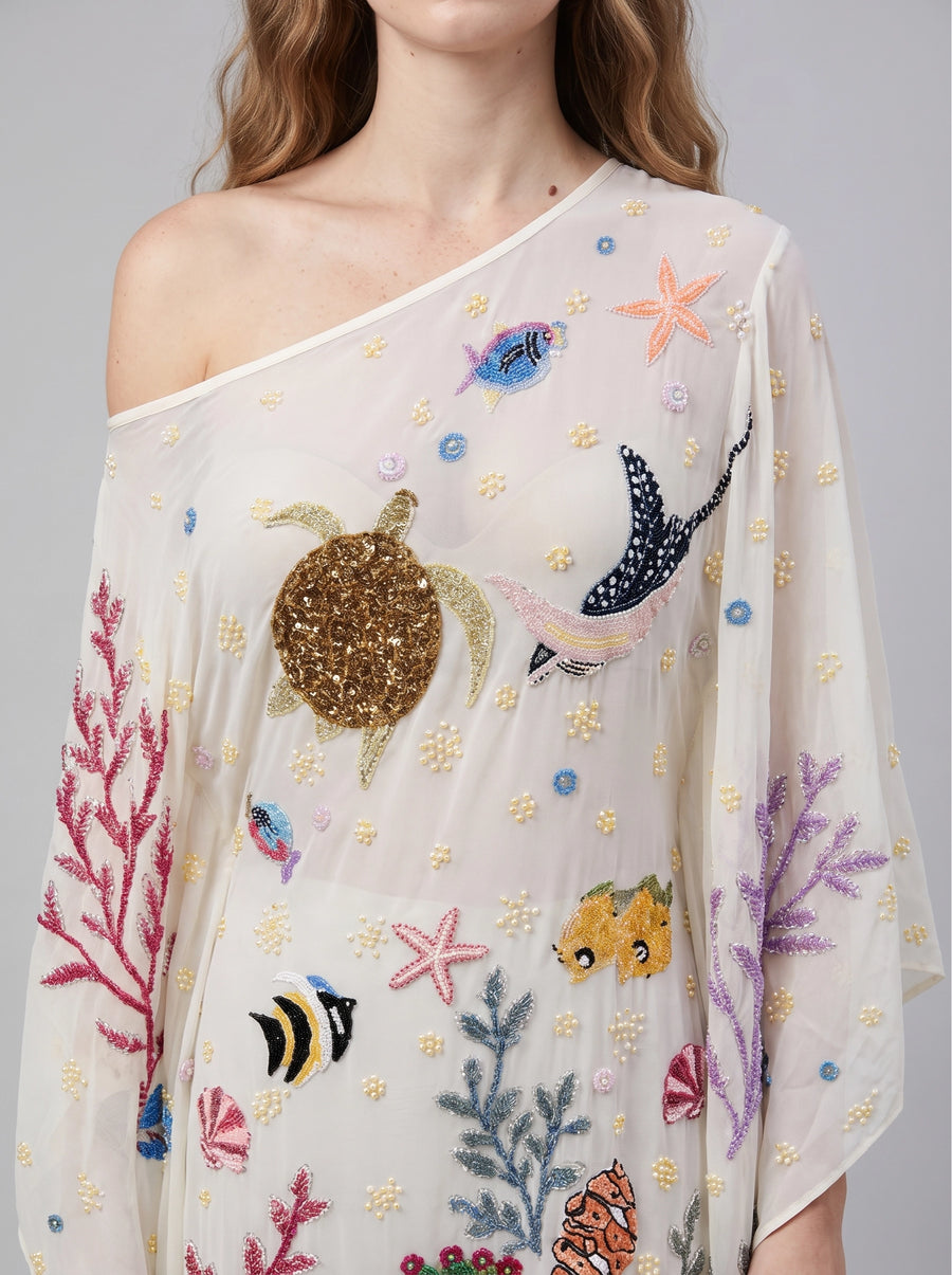 Sea Fantasy Pastel Multi Color Embroidered Kaftan