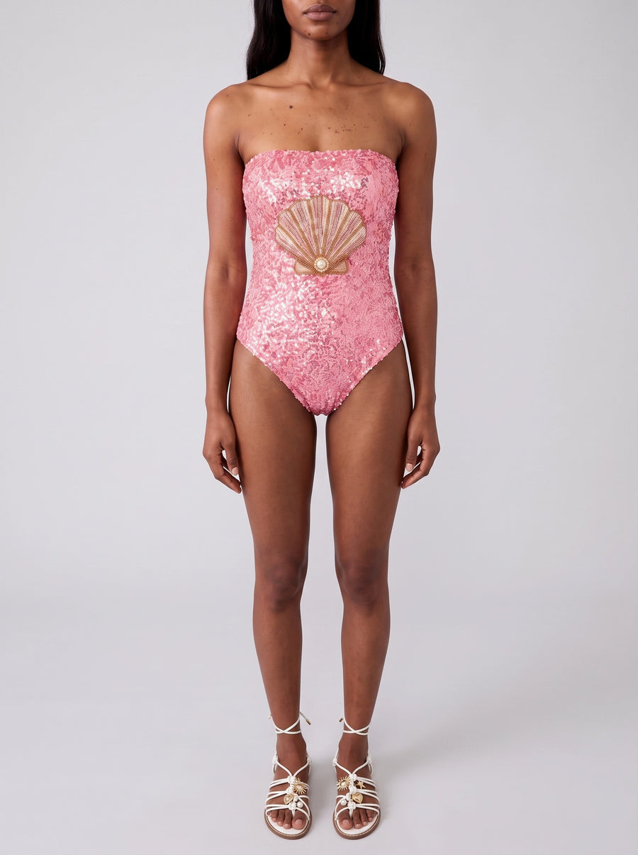 Pink Shell Half Beaded Strapless Swimsuit