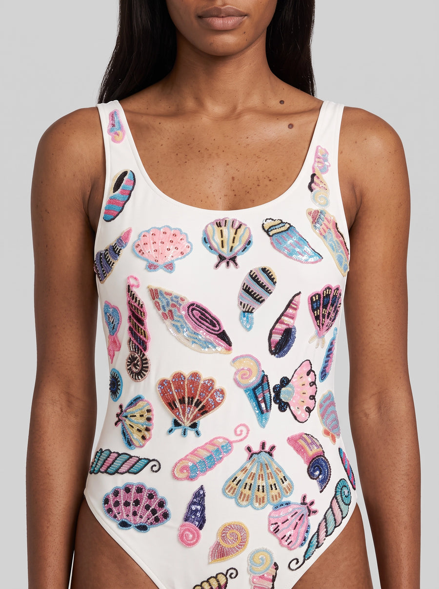 Oceanus x Zandra Rhodes Dreamshell Half Beaded White Swimsuit