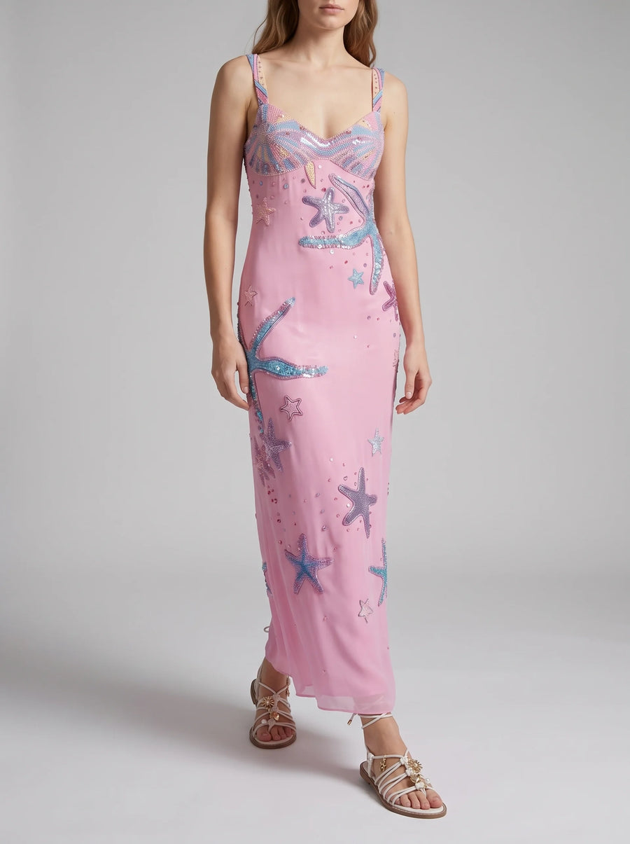 Crescent Shell Hand-Beaded Pink Long Dress in Stock