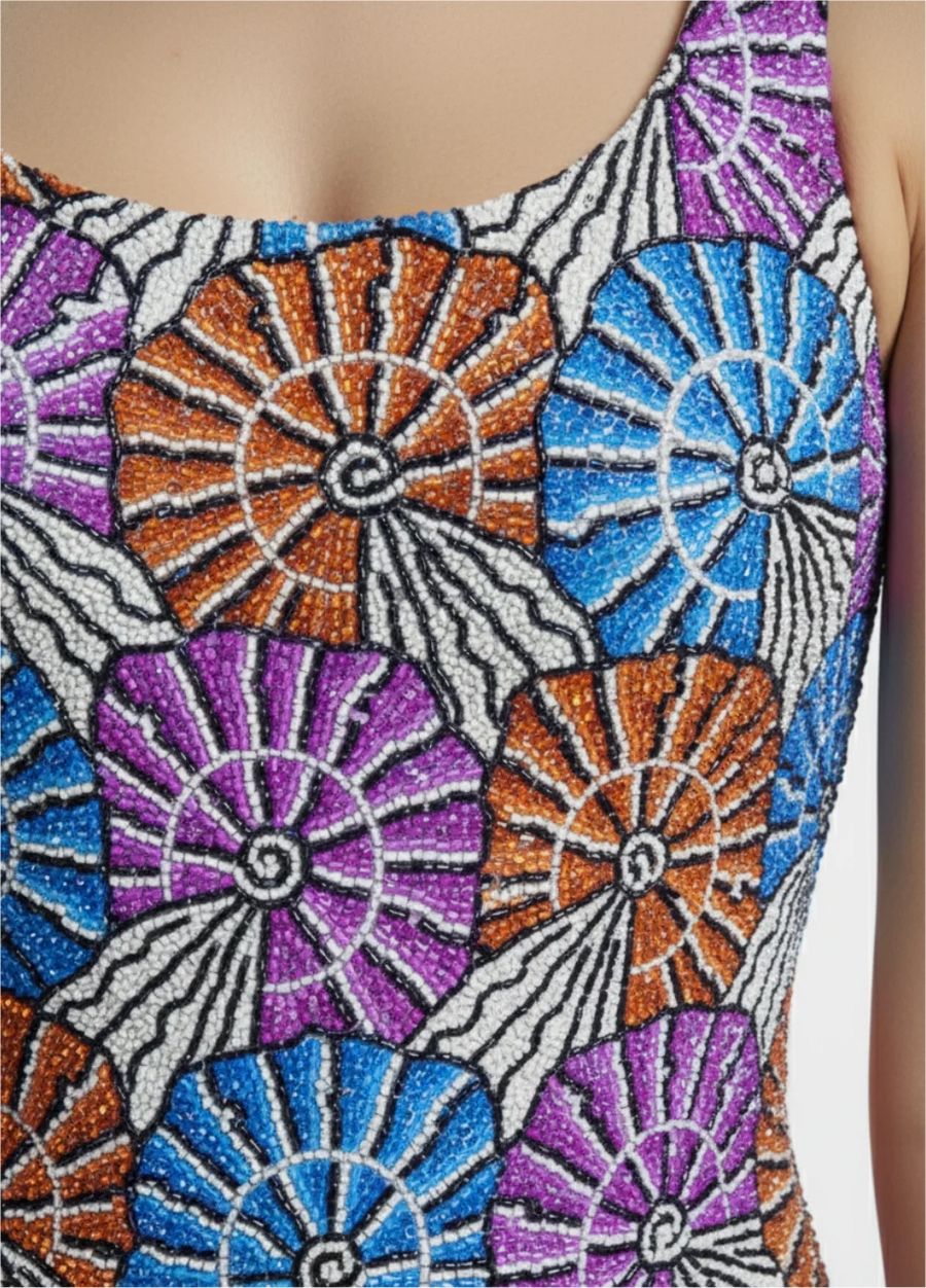 Oceanus x Zandra Rhodes Swirlshell Beaded One Piece in Multi